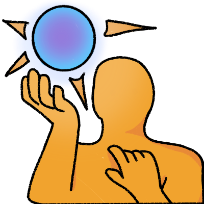 a faceless yellow figure with one hand on their chest looking up at a glowing blue orb hovering above their other, upraised, hand.